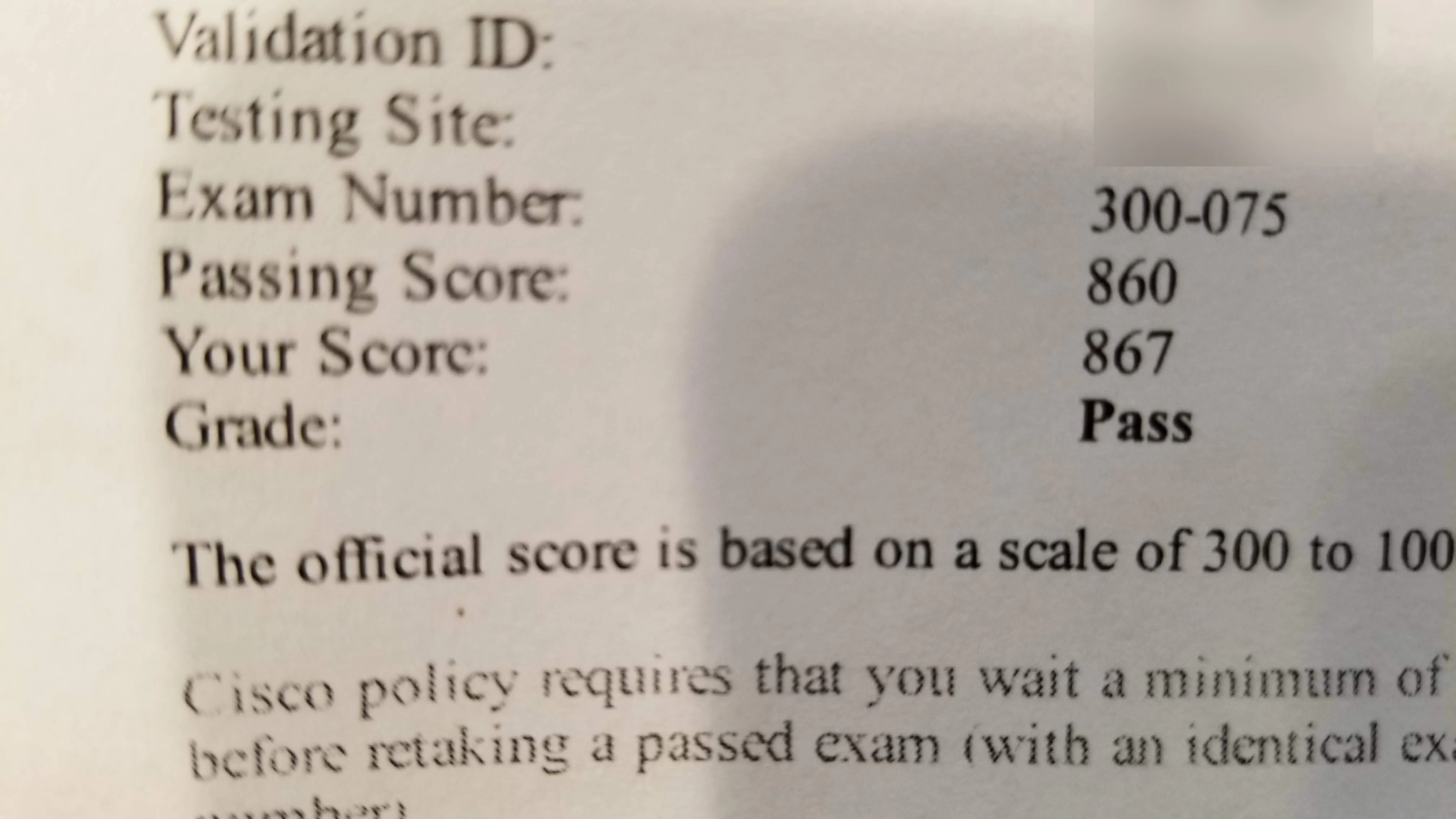 My 300-075 CIPTV2 exam results: 867, with 860 needed to pass
